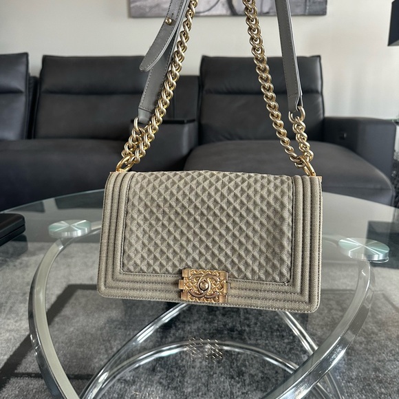 “SOLD” Authentic Chanel Boy Flap Quilted Olive Denim Bag - Picture 3 of 11